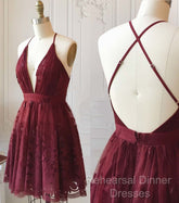 A Line V Neck Short Burgundy Lace Semi Formal Prom Dresses, Short Burgundy Lace Formal Homecoming Dresses